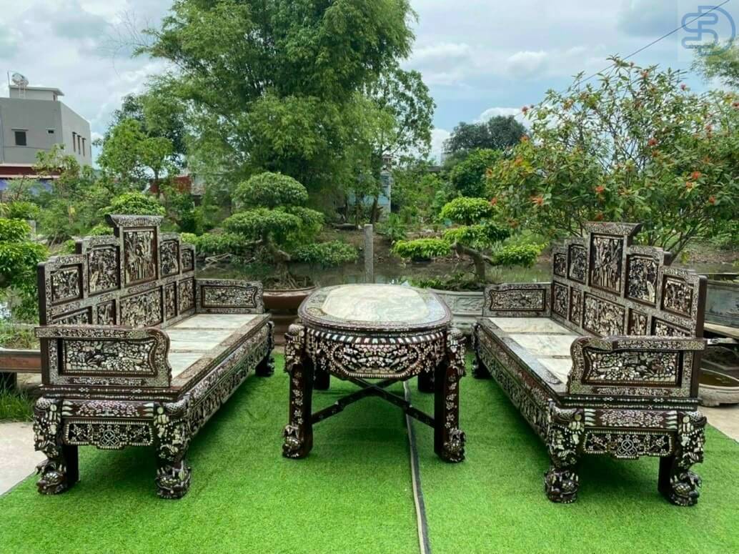 Do go noi that my nghe Doanh Sang Nam Dinh Bộ bàn ghế trường kỷ ngũ sơn gỗ gụ khảm ốc mặt đá DSTK002